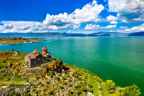 Aerial view of Hayravank monastery on the shores of lake Sevan in Armenia