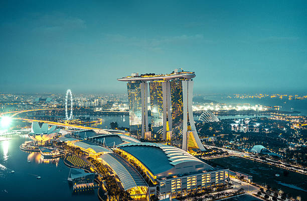 Singapore, Singapore - November 02, 2016: Aerial View Over Singapore to the Marina Bay Sands Hotel at dusk.
