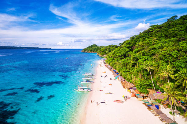 Aerial view of Puka beach in Boracay Island, Western Visayas, Philippines